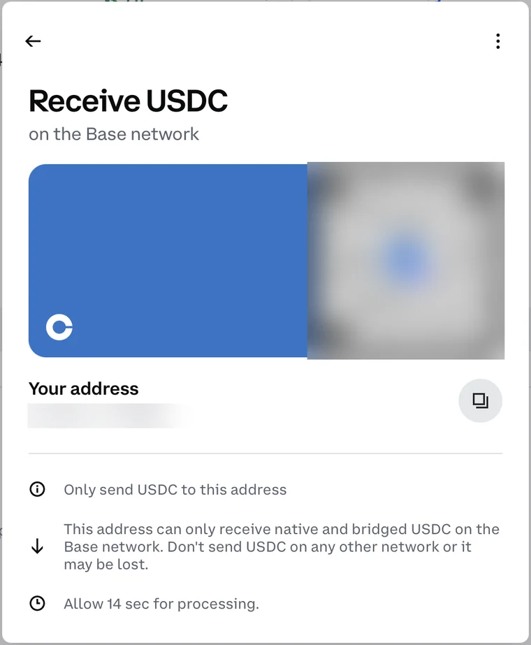 Coinbase Receive USDC on the Base network screen with the address and QR code blurred