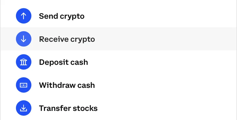 Coinbase side panel with Send crypto, Receive crypto, Deposit cash, Withdraw cash and Transfer stocks
