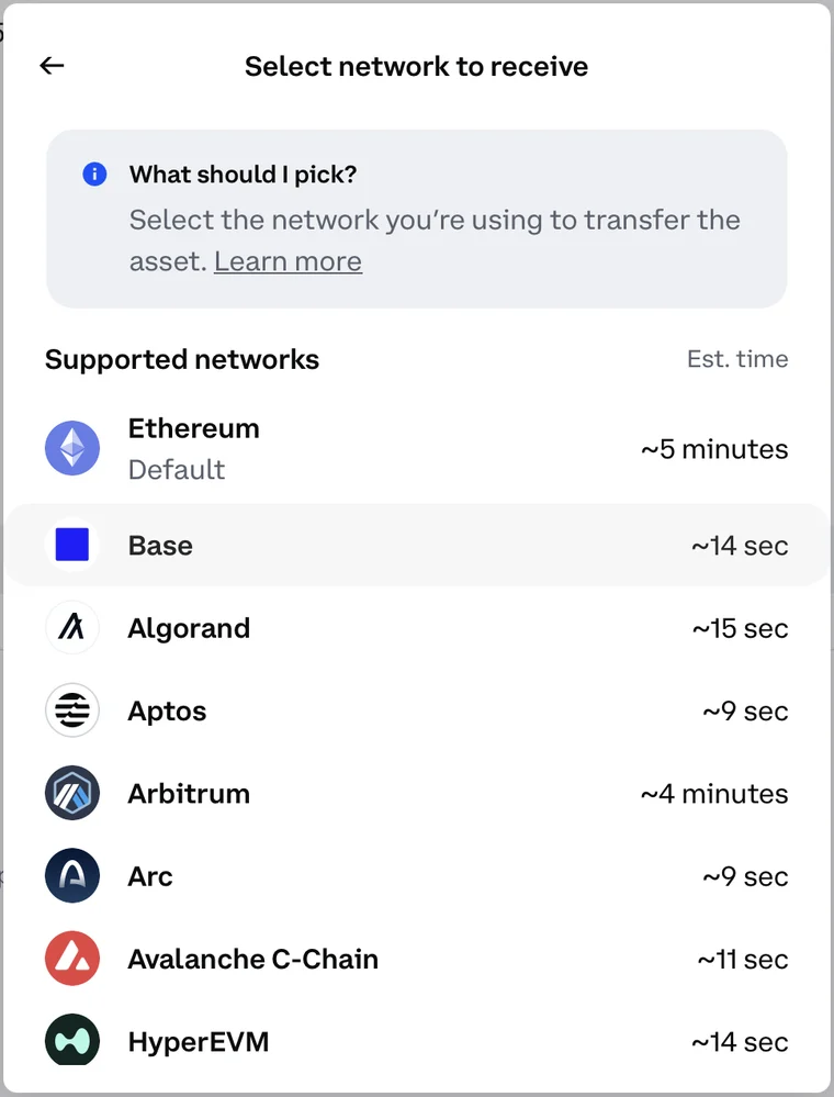 Coinbase Select network to receive: Ethereum marked Default (~5 minutes), Base (~14 sec), Arbitrum (~4 minutes)