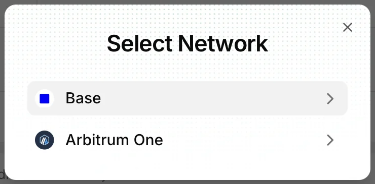 Vest Select Network modal listing Base and Arbitrum One