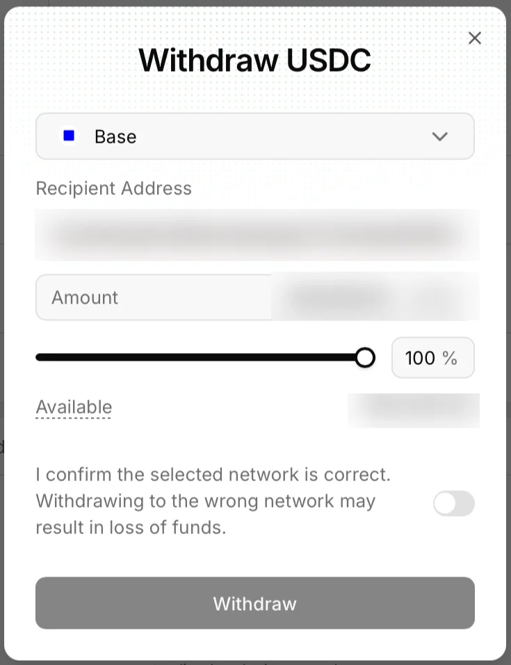 Vest Withdraw USDC form with Base selected, slider at 100% and the network confirmation toggle off; address and amounts blurred